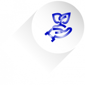 Rundes weißes Icon mit Schatten, blaue Hand mit Erde und Pflanze